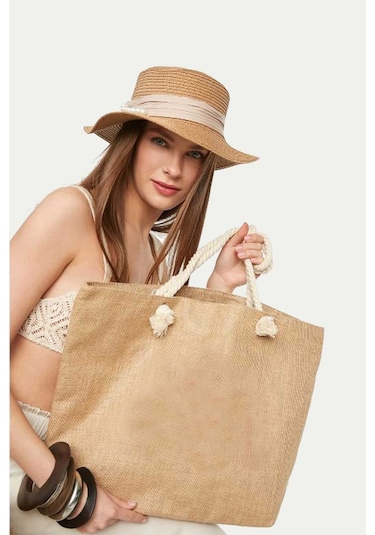 Hasır Plaj Çantası - Jüt Kumaş Plaj Çantası Açık Kahverengi