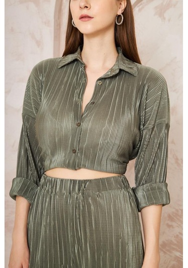 Kadın Pliseli Beli Lastikli Pantolon Tunik Gömlek Ikili Bürümcük Salaş Takım 3573300 Haki