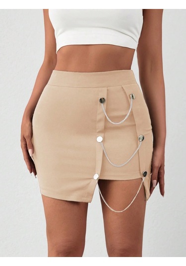 Zincirli Mini Etek S241008 Bej