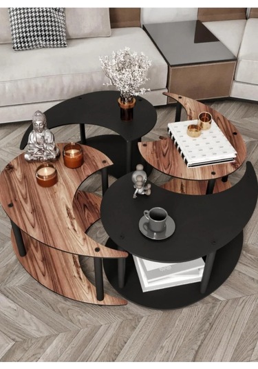 Ravilo Yin Yang 4'lü Orta Sehpa Siyah Ceviz 90 Cm Siyah Ceviz