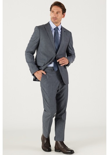 AC&Co / Altınyıldız Classics Slim Fit Dar Kesim Mono Yaka Armürlü Klasik Takım Elbise Antrasit