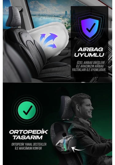 Füme - Gri Panda Sevılla Serısı Keten Kumaş Oto Koltuk Kılıfı - Tam Set