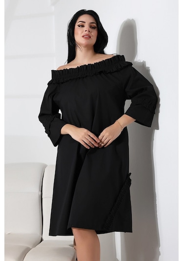 Schık Schık Kadın Yaka Büzgülü Kol Ve Etek Ucu Fırfır Detay Cepli Elbise Siyah Sckwm24el02 Siyah