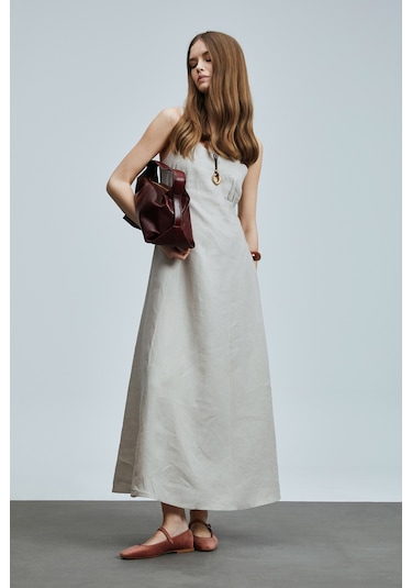 Lufian Selene Kadın Askılı Keten Elbise Bej Bej 121290015100550 Bej