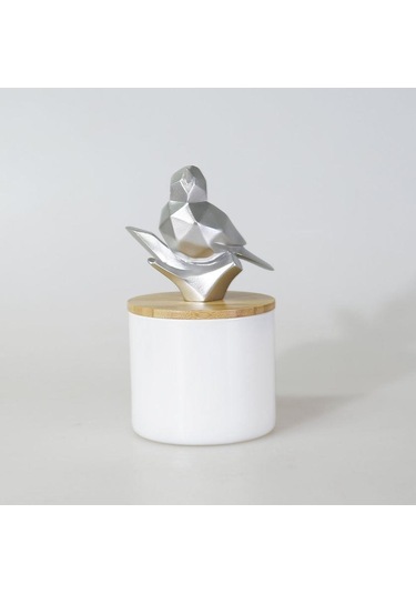 Selim Dekor Kuşlu Küçük Kavanoz Beyaz Gümüş
