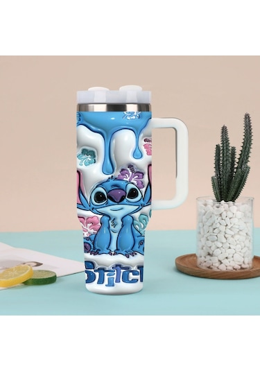 Snapbuy 1,18 Lt Kulplu Stitch Desenli Paslanmaz Çelik Termal Araç Bardağı, Dev Kahve Termosu Mavi - Beyaz