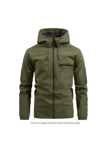 Yeni Gündelik Kapüşonlu Düz Renk Çok Cepli Açık Hava Erkek Rüzgarlık Ceketi Haki