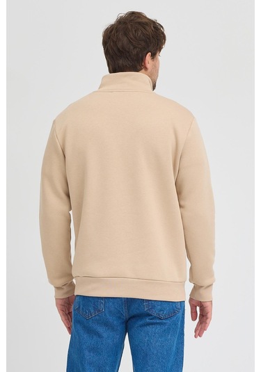 Unisex Regular Fit Rahat Kesim Pamuklu Içi Polarlı Yarım Fermuarlı Bej Dik Yaka Sweatshirt Bej