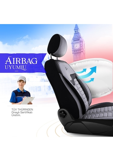 Panda Londra Serisi İngiliz Jakar Kumaş Oto Koltuk Kılıfı - Açık Gri - Siyah