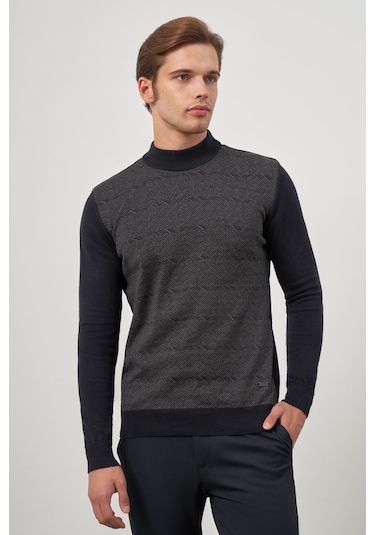 Koyu Lacivert Uzun Kol Kendinden Örme Yarım Balıkçı Yaka Classic Comfort Fit Triko 1012245152 Koyu Lacivert