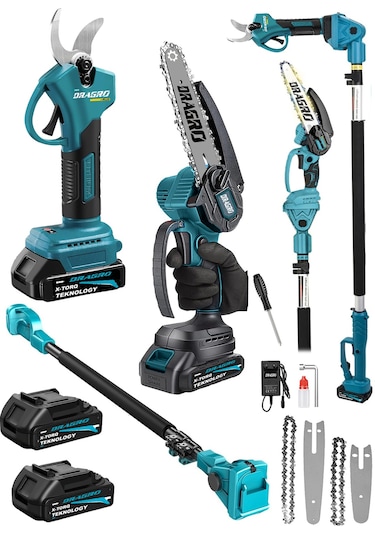 Dragro DRG-128mt Kırmızı Kömürsüz 21 V 3 Ah 2 Metre Teleskopik Uzatma Akülü Bağ Dal Budama Kesme Makası Makinesi