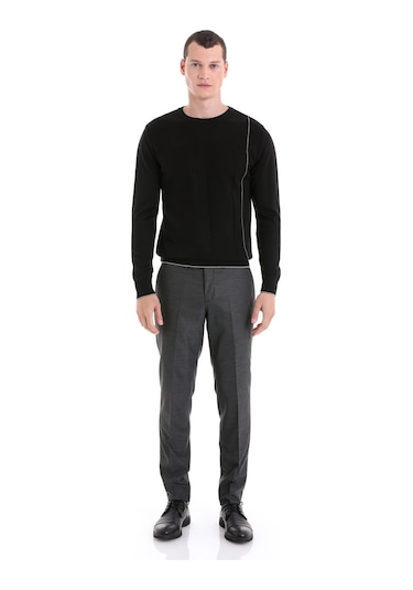 Hatemoğlu Siyah Regular Fit Jakarlı Bisiklet Yaka Yünlü Triko Kazak Siyah