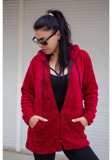 Kadın Kırmızı Peluş Kalın Fermuarlı Kapüşonlu Cepli Ceket 23kcktmy50 001