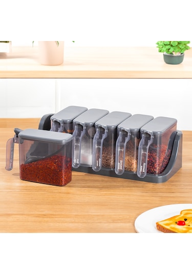 Porsima 1182 Standlı Kaşıklı Kapaklı Baharatlık Seti 6'Lı Antrasit