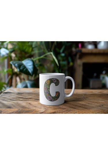 C Baş Harf Çiçek Desenleri İle Natural Tarz Kupa Bardak - Kişiye Özel Çiçekli Kahve Çay Bardak - Beyaz