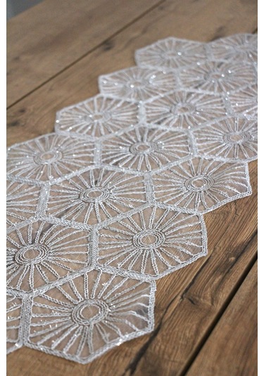 Simli Dantel Kordon Örme Detay Masa Runner Fiskos Örtüsü 100x35 Cm 2004-altıgen 001