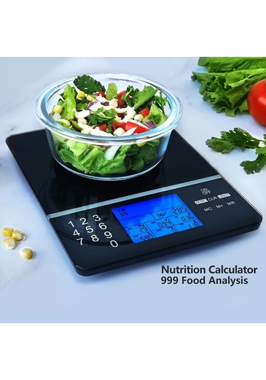 Dashanshop 1 Adet Besin Ölçeği Siyah Temperli Cam Abs Dijital Kalori Makro Besin Analizörü Cam Kase Gıda Tartım Sağlıklı Beslenme Mutfak Aleti -