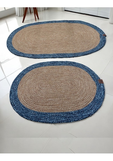 Mavi Kenarlı Hasır Görünümlü 2'li Oval Banyo Paspas Seti - El Yapımı Mavi