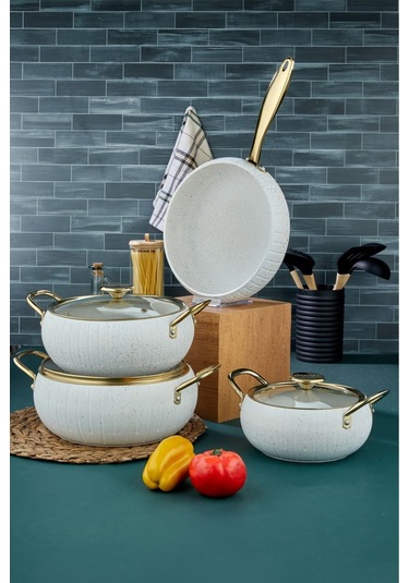 Cooker 7 Parça Granit Tencere Tava Seti Beyaz