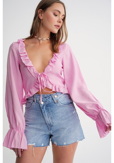 4712 Kadın Volanlı Modal Bolero Bluz Pembe Pembe