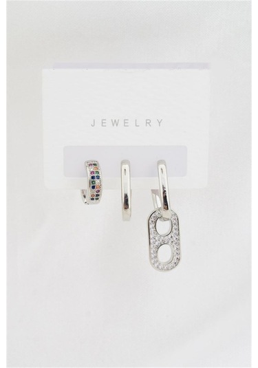 Kadın Altın Kaplama Renkli Zirkon Taşlı 3'lü Küpe Set - Gümüş