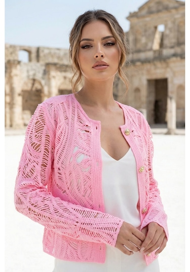 Sayzen Your Shine Dantel Desenli Gold Düğmeli Basic Ceket Shn-2602-tg Pembe