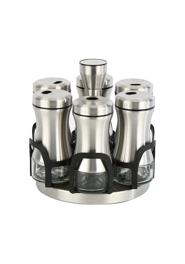 Krom Döner Standlı 6lı Cam Baharatlık Seti Gümüş Karışık