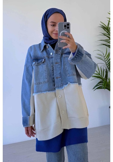 Ka Hijab Jean Detaylı Düğmeli Triko Hırka Mavi