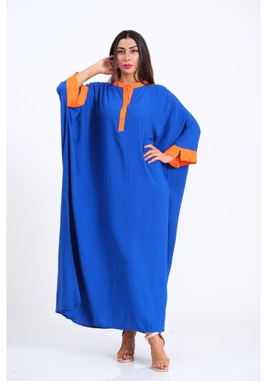 Kadın Saks Mavi Sırtı Palmiye Nakışlı Yarasa Kol Oversize Uzun Elbise - Saks Mavi Saks Mavisi
