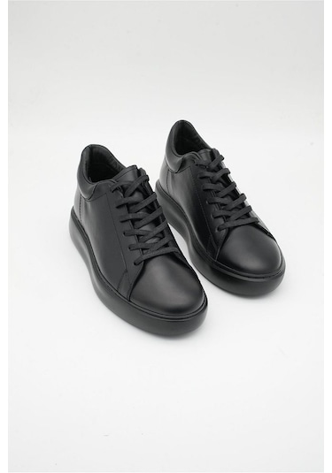 Mela Erkek Hakiki Deri 7 Cm Boy Uzatan Siyah Spor Ayakkabı Siyah