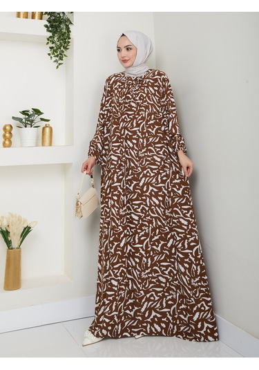 Desenli Önü Büzgülü Viskon Elbise - Taba / E0131 Taba