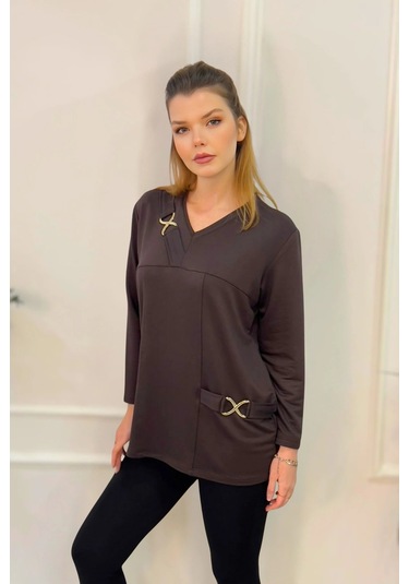 Yakası Toka Detaylı Parçalı Bluz Kahverengi