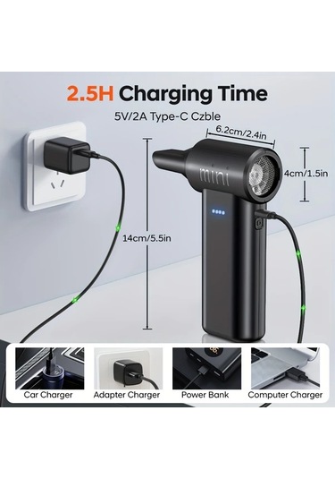 Fochsia Black- Turbo Jet Elektrikli Üfleyici 150.000 Rpm Yüksek Hız Usb Şarjlı 4000mah Pilli 3 Hız Ayarı Abs Gövde Ev Araç Temizliği İçin