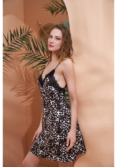 Pjs 27060 Kadın Viskon Dantelli İp Askılı Arkası V Yaka Gecelik LEOPAR