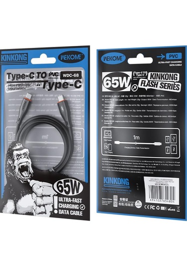 Wk Wdc-68 Kinkong Flash Serisi 1m 65w Pvc Hızlı Şarj Veri Kablosu, Arayüz: Tip-c'den Tip-c'ye Siyah
