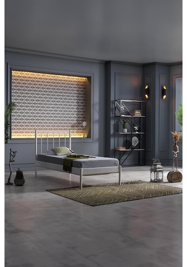 Falez-st Tek Kişilik Metal Karyola-beyaz Yüksek Başlıklı Ahşap Latalı