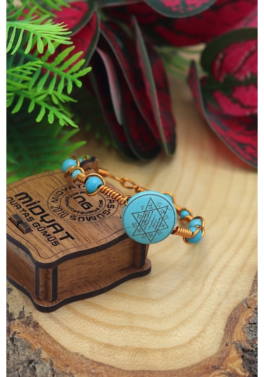 Midyat Nurtaş Gümüş Hz Süleyman Mührü Turkuaz-firuze Taşlı Doğal Taş Bayan Bileklik Turkuaz