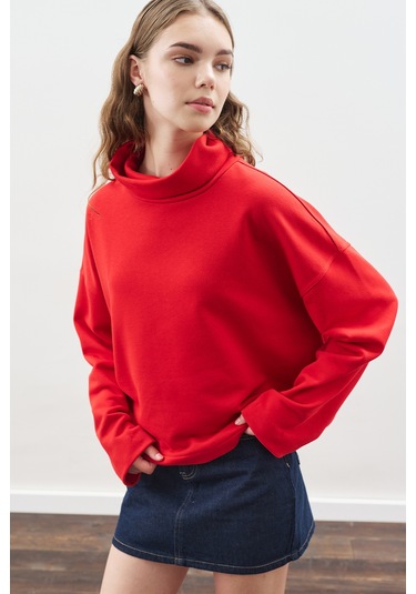 Yüksek Yakalı Oversıze Sweatshırt Kırmızı Kırmızı