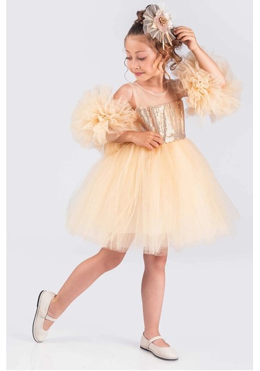 Kız Çocuk Abiye Elbise Ponpon Kol Pul Payetli Tütülü Altın