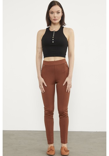 Önden Dikiş Detaylı Tayt - Kiremit 001