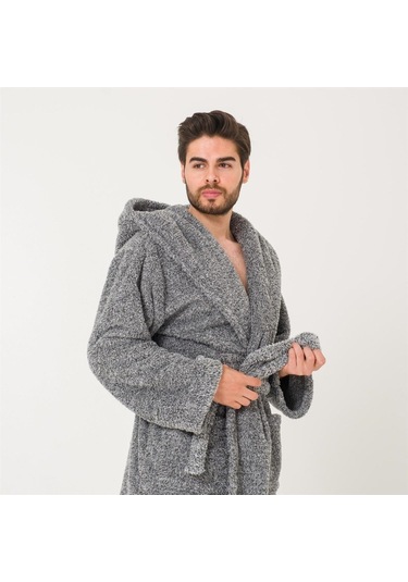 Erkek Uzun Welsoft Kapüşonlu Sabahlık-Gri
