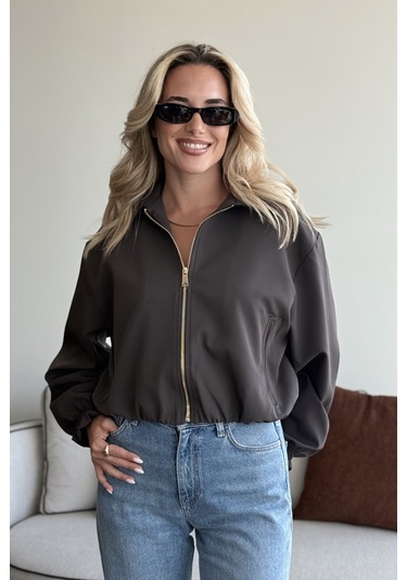 Koyu Kahverengi Crop Bomber Ceket Koyu Kahverengi