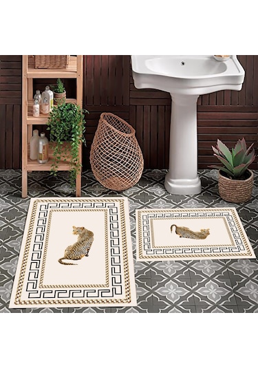 Leopar Desen Banyo Paspası, Kaymaz Taban, Yıkanabilir Paspas, Krem