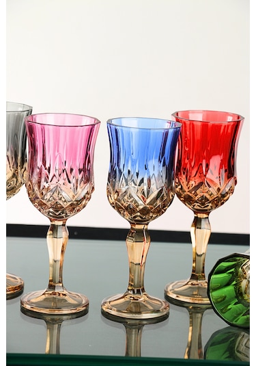 Çift Renk Organik Boya 6'lı Kristal Ayaklı Kahve Yanı Su Bardağı