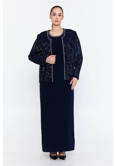 Güzelyalı Kadın Büyük Beden Taş İşlemeli İki Parça Abiye Takım 1043 Lacivert Lacivert