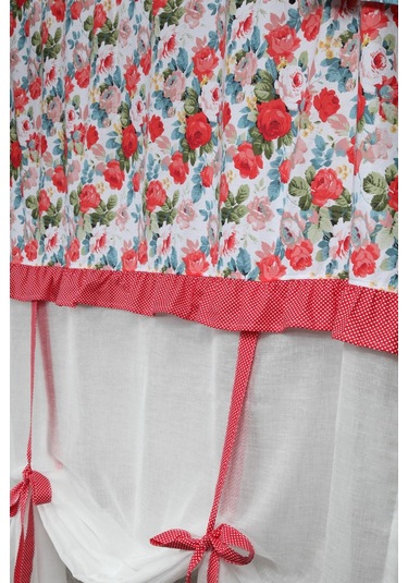 Naturel Potlu Tül Perde Spring Fırfırlı Çiçek Kırmızı