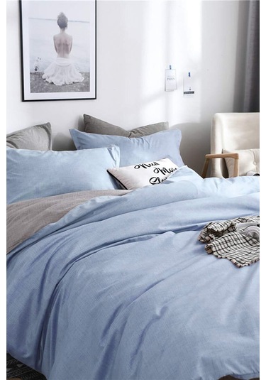 Tek Kişilik Ranforce Çift Taraflı Nevresim Takımı - Lastikli Çarşaflı -açık Mavi/gri