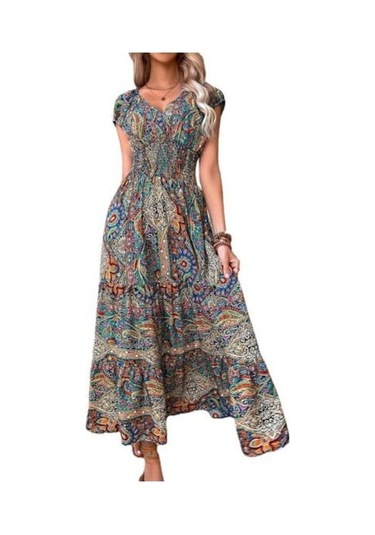 Novahub Yaz Derin V Yaka Kısa Kollu Maxi Elbise Bohemia Renkli Baskı Elastik Yüksek Bel Fırfır Dikiş Hem A-line Plaj Elbisesi Yeşil - L Yeşil