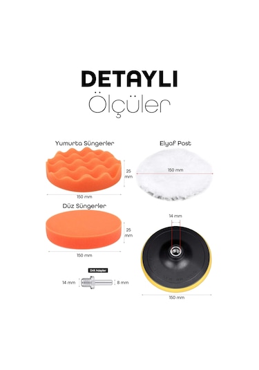 150mm 11 Parça Mega Boy Pasta Cila Elyaf Polisaj Süngeri Matkap Uyumlu Parlatma Seti