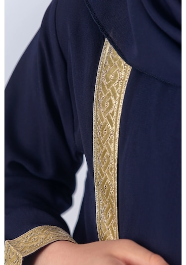 Eşarplı Ferace Medine İpek Kumaş Kız Çocuk Lacivert